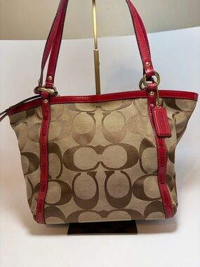 Coach Red Leather & Signature Print Tote with Plaid Interior #13005